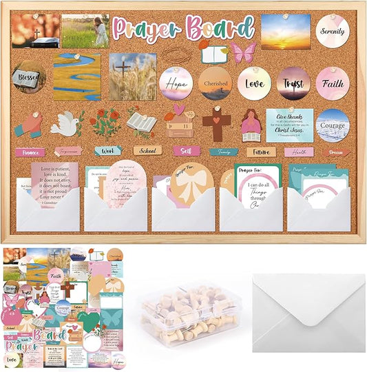 Boho Prayer Board Kit - 114 Pcs Prayer Board Supplies with Pins Envelope Bible Verse Quotes Cards Colorful Motivational Vision Boards Decorations, Bible Study Supplies (Not Including Board)