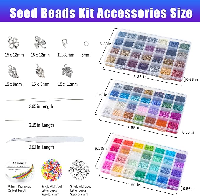 42000Pcs 2mm Glass Seed Beads 12/0 Small Tiny Beads Kit with 150Pcs Alphabet Letter Beads Pendants Charms Jump Ring Elastic String for DIY Bracelets Necklace Jewelry Making Supplies
