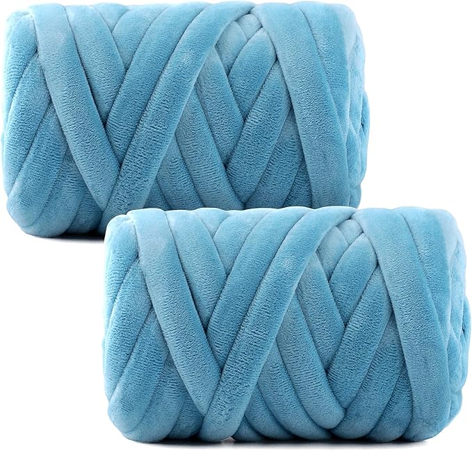 Chunky Yarn for Hand Knitting & Arm Knitting - 2-Pack Value Bundle (1.32lb Total) of Super Bulky Velvet Chenille Tube Yarn for Larger DIY Projects | No-Tool, Machine Washable, Misty Blue