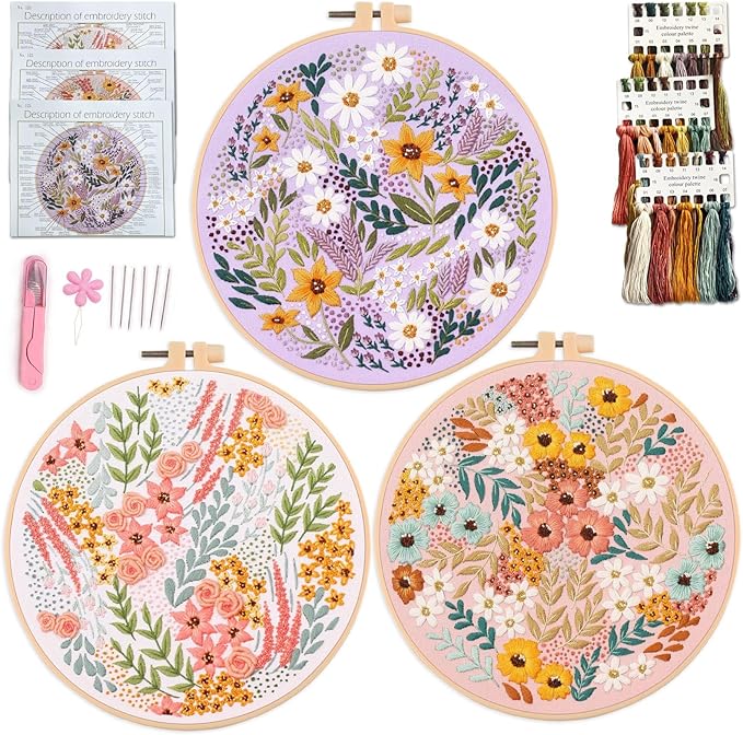 myfelicity embroidery kit, adult embroidery material set with cute flowers and plants patterns. 3 embroidery clothes and colors threads. 1 hoop. (flowers-a)