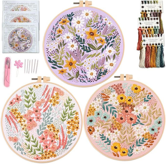 myfelicity embroidery kit, adult embroidery material set with cute flowers and plants patterns. 3 embroidery clothes and colors threads. 1 hoop. (flowers-a)