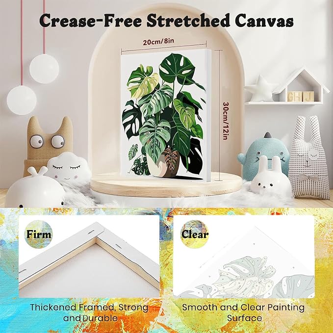 4 Pack Paint by Numbers for Adults with Framed Canvas - with Wooden Easel, Plant Paint by Number for Beginners, Easy Flowers Acrylic Oil Painting on Canvas with Brushes for Home Wall Decor (8x12 inch)
