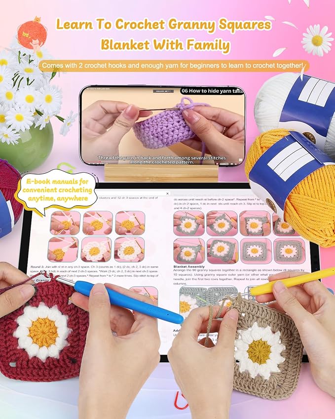 Coopay Crochet Kit Beginners for Blanket, Granny Squares Crochet Blanket Kit with Instructions & Enough Yarn, Complete Crocheting Starter Set Easy Learn to Knitting Blanket for Adults (Roman Red)