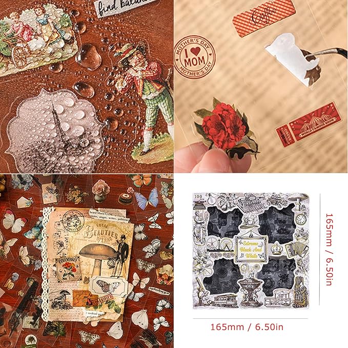 560pcs Black Vintage PET Stickers, Junk Journal Supplies for Adults Transparent Waterproof Scrapbook Stickers, Ephemera for Scrapbooking, Journaling, DIY Art Crafts, Laptop, Water Bottles, Card Making