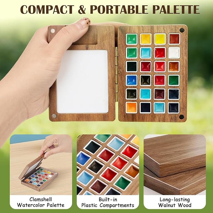 Mini Watercolor Paint Set, 24 Colors Mini Watercolor Travel Set, Pocket Travel Paint Kit with Watercolor Palette, Crossbody Bag, Watercolor Journal, Metal Clip, Water Cup, Spray Bottle, Water Brushes