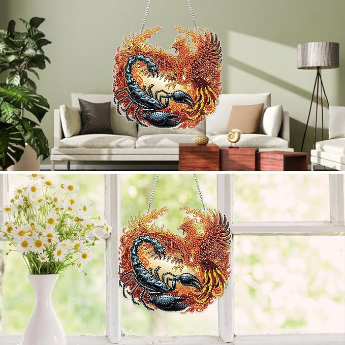 MXJSUA Scorpion and Phoenix Diamond Art Hanging Kits for Adults Beginners, DIY Acrylic Special Shaped Crystal Animals Diamond Gem Art Pendant Drills Painting Ornament for Home Wall Decor and Gift