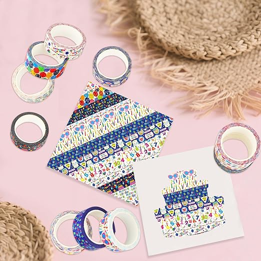 12 Rolls Happy Birthday Washi Tape, Colorful Cake Candles Masking Tapes, Balloons Birthday Hat Decorative Washi Tape for Birthday Party Gift Wrapping Scrapbooking DIY Art Crafts 16.4FT