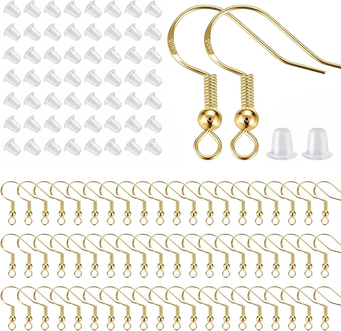 925 sterling silver earring hooks 200 pcs, gold earring hooks for jewelry making, hypoallergenic fish hook earrings making kit, diy earring, with 200pcs earring backs and 200pcs jump rings