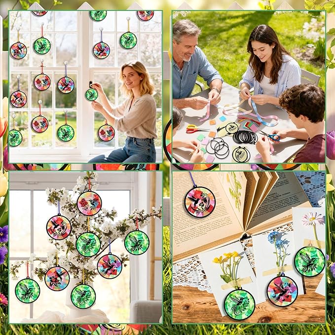 30 Pcs Spring Summer Hummingbird Suncatcher Craft Kits, Colorful DIY Stained Glass Effect Tissue Paper Art Set Bulk for Creative Group Activities Party Seasonal Decor