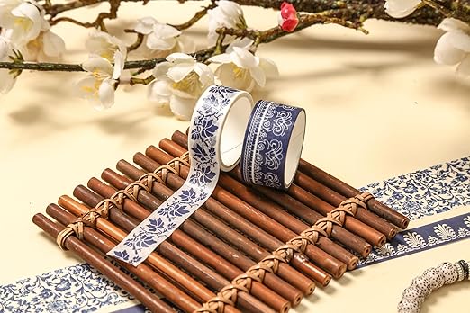Blue & White Porcelain Washi Tape Set, Traditional Chinese Ceramic Pattern Decorative Masking Tapes, Oriental Art for Craft, Scrapbook, DIY, Gift Wrapping (1-Porcelain Grace/20 Rolls)