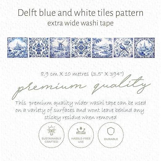 Serenity Fair Washi Tape – Mediterranean Tile Pattern, Extra Wide 4 Inch Scrapbook Supplies for Scrapbooking, Journaling, Stickers, Craft Paper, and DIY Scrapbook Tape Roll (Delft Blue Tiles)