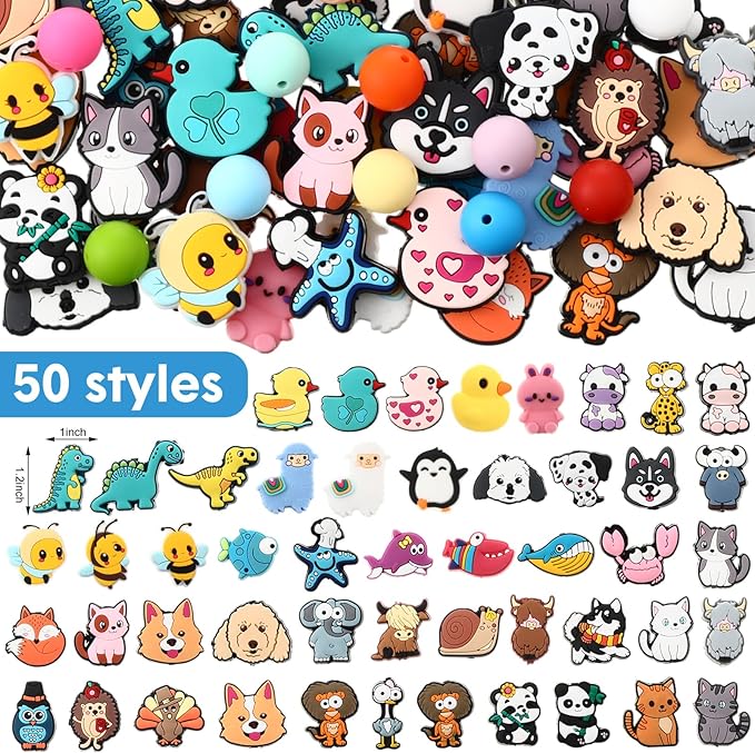 Humyoun 122 Pcs Silicon Focal Beads for Pens Set Include 12 Beadable Pens and 110 Silicone Focal Beads for Keychains DIY Making Bracelet Supplies