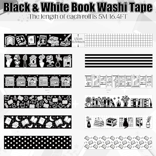 Black White Washi Tape - 12 Rolls Reading Book Library Theme Designs Easy Hand Tear Repositionable Residue Free for Gift Wrapping Scrapbooking Literary Projects Study Planner Decoration