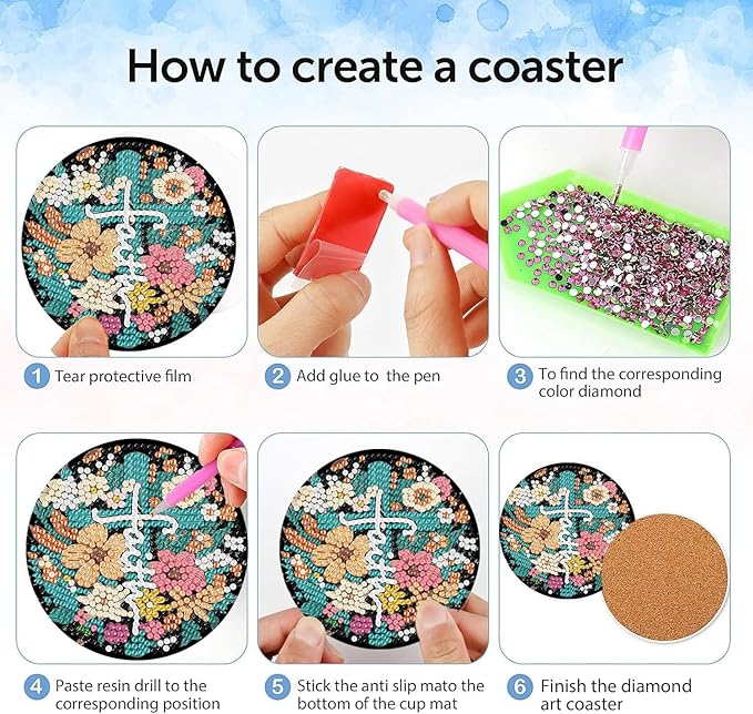 igoodom 8 Pcs Cross Diamond Art Coasters Kit with Holder, DIY Cross Diamond Painting Coasters for Beginners Adults, Non Slip Diamond Art Kits Craft Supplies 4x4inch