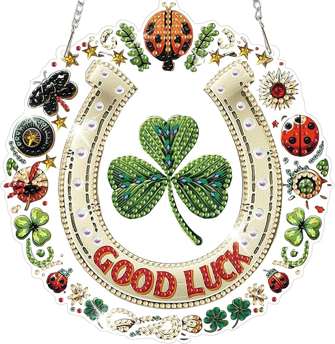 HEIBAGO Good Luck Diamond Art Hanging Kits for Adults, Diamond Art Suncatchers, 5D Special Shape Diamond Painting Pendant, DIY Window Ornament Gifts for Home Wall Decor 8.3 x 8.3 Inch