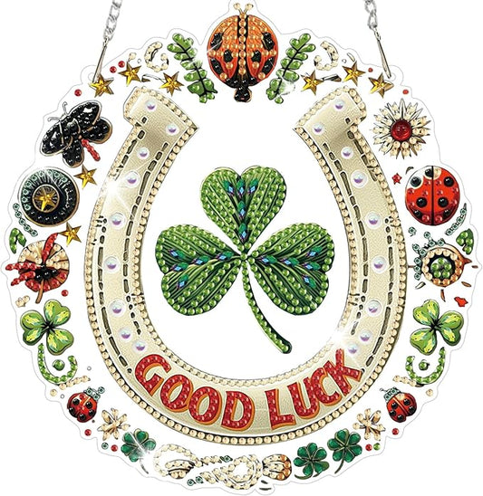 HEIBAGO Good Luck Diamond Art Hanging Kits for Adults, Diamond Art Suncatchers, 5D Special Shape Diamond Painting Pendant, DIY Window Ornament Gifts for Home Wall Decor 8.3 x 8.3 Inch
