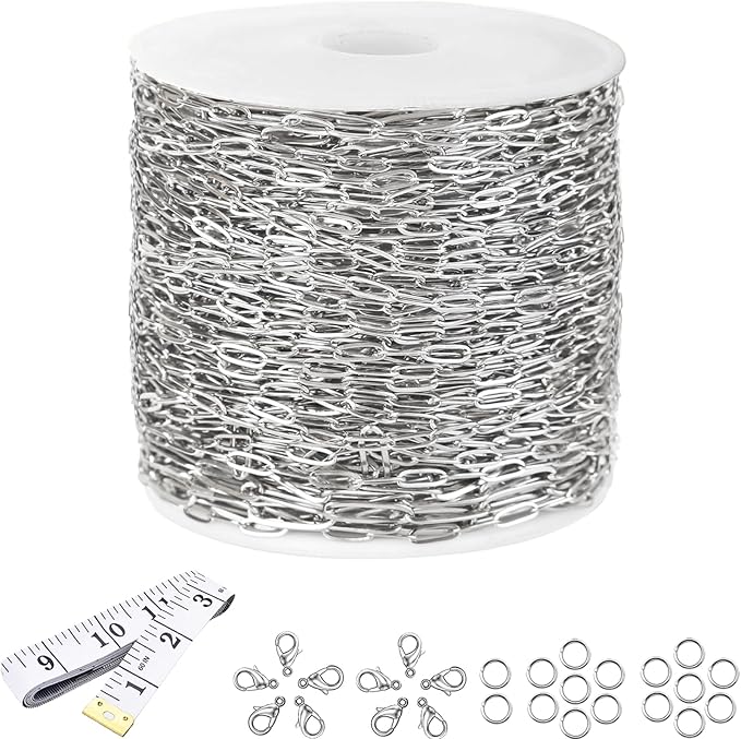 16Ft Stainless Steel Paperclip Chain for Jewelry Making, 2.5mm Width Silver Paper Clip Link Chains Roll for DIY Necklace Bracelet Craft Jewelry Making Supplies with Lobster Clasps Soft Tape Measure