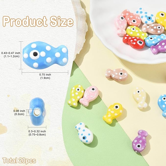 20Pcs Polka Dot Fish Ceramic Porcelain Beads for Jewelry Making 10 Colors Ocean Sea Beach Animal Spacer Beads for DIY Necklaces Earrings Bracelets Keychains Jewelry Findings Accessories