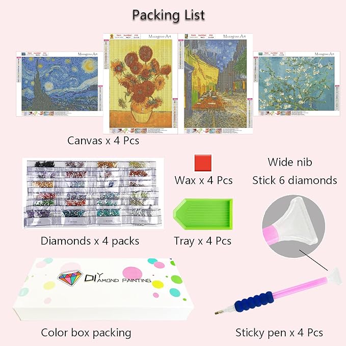 Muzagroo Art Van Gogh Diamond Painting Kits for Adults, DIY 5D Diamond Art Kits for Beginners, Starry Night Arts and Sunflower Crafts Diamond Art for Living Room, Kids Room 4 PCS Wall Art