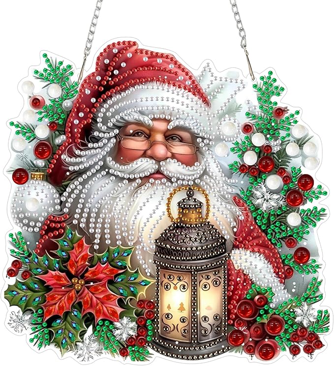 SENQAO Santa Claus Diamond Art Hanging Kits for Adults Kids, Christmas Diamond Art Suncatchers, 5D Special Shape Diamond Painting Pendant Window Ornament Gifts for Home Garden Door Wall Decor