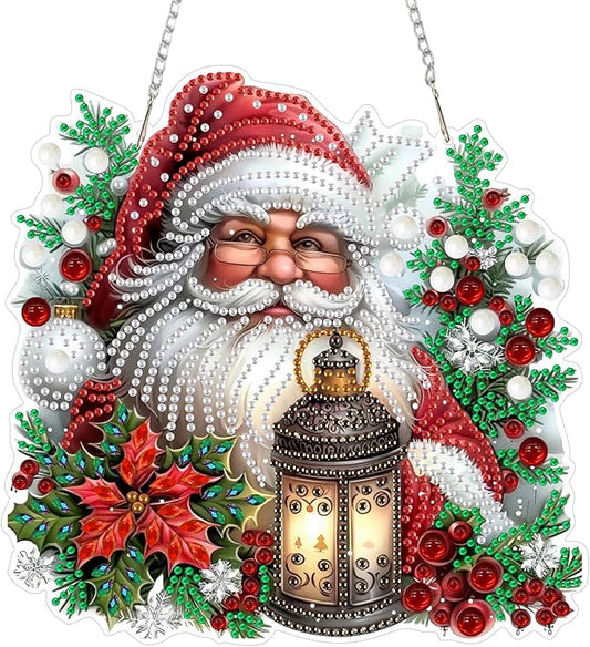 SENQAO Santa Claus Diamond Art Hanging Kits for Adults Kids, Christmas Diamond Art Suncatchers, 5D Special Shape Diamond Painting Pendant Window Ornament Gifts for Home Garden Door Wall Decor