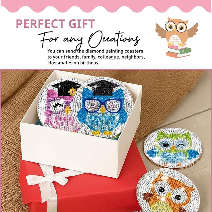 6 Pcs Owls Shaped Diamond Painting Kits, Diamond Painting Kits with Holder Owls, Diamond Art Coasters for Beginners Adults - Perfect Art Craft Supplies Gift!… (Owls 2)