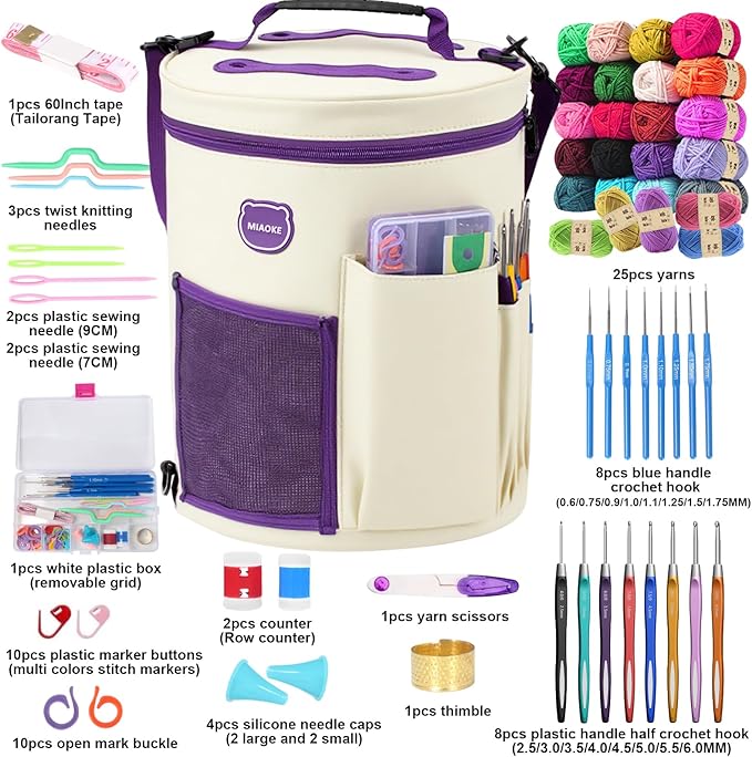 MIAOKE Crochet Kit, Crochet Kit for Beginners, 25 Crochet Yarn and 16 Different Sizes Crochet Hooks Set for Beginners, Include Stitch Markers, Thimble, Yarn Needles in Crochet Storage Beige Bag
