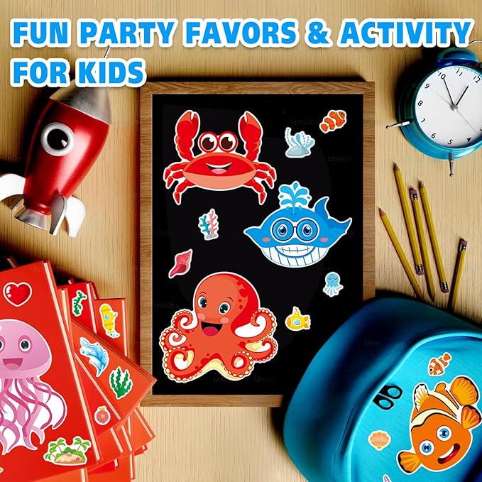 aowplc 42 pcs ocean animals make-a-face sticker sheets for kids - 14 sea creature designs for party favors, classroom activities, arts & crafts