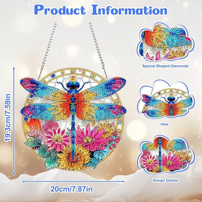 AIRDEA Hanging Diamond Painting Kits Dragonfly,Special Shaped Diamond Art Kits for Beginner Flowers Gem Art Pendant Decor,7.87x7.59in