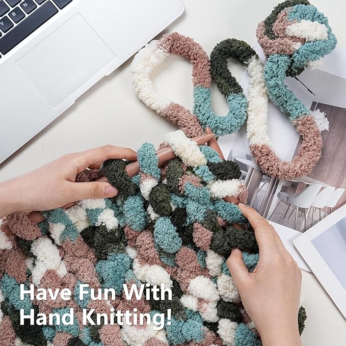 Chunky Yarn for Hand Knitting - #10 Chunky Chenille Blanket Yarn, Jumbo Big Thick Chunky Yarns for Crocheting, Tie Dye Bulky Knit Yarns, 8 Skein (25 yds 8 oz Each Skein), Forest&Teal&Coffee
