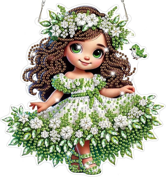 Bowetile Forest Fairy Diamond Art Hanging Kits for Adults, Diamond Art Suncatchers Cartoon Girl, 5D Special Shape Diamond Painting Pendant Window Ornament Gifts for Home Wall Door Garden Decor