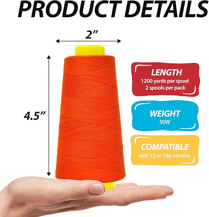 Mandala Crafts Orange Thread Cones for Machine and Hand Quilting - 2400 Yds 50 WT Multiple Purpose Mercerized 100% Cotton Threads for Sewing Machine Serger Embroidery