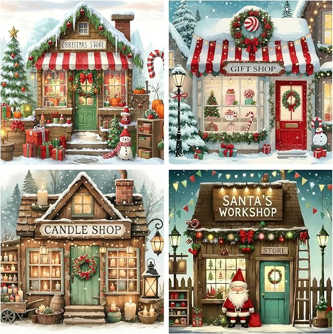 askkqtx 4 Pack Christmas Store Diamond Art Kits for Adults, Shop Diamond Painting Kits for Beginners, DIY 5D Full Drill Round Diamond Gem Art Craft for Gift Home Wall Decor 14x14 Inch
