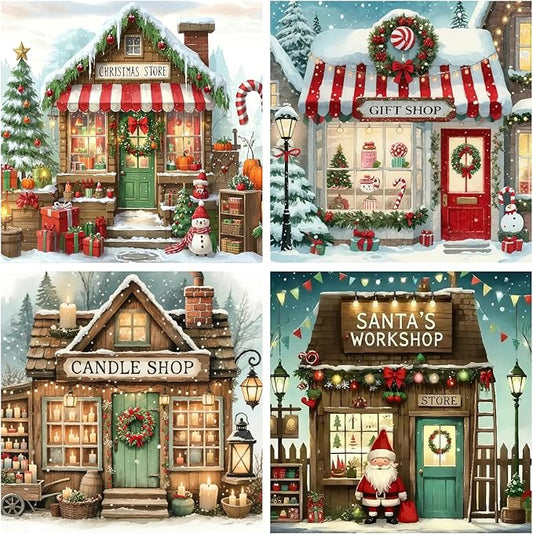 askkqtx 4 Pack Christmas Store Diamond Art Kits for Adults, Shop Diamond Painting Kits for Beginners, DIY 5D Full Drill Round Diamond Gem Art Craft for Gift Home Wall Decor 14x14 Inch