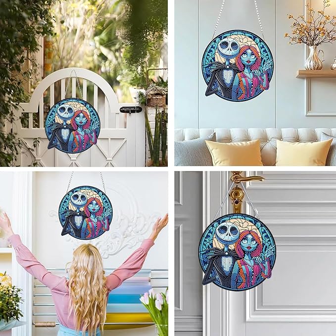 DIY Diamond Art Hanging Kit for Adult,Hallween Acrylic Diamond Art Painting Window Pendants Home Garden Wall Ornament Kits,Jack and Sally