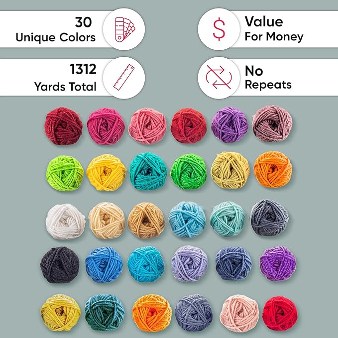 craftiss 30 of 20g/0.7oz acrylic yarn mini skeins - 1300 yards of soft yarn for crocheting and knitting craft project, assorted starter crochet bulk kit for adults and kids