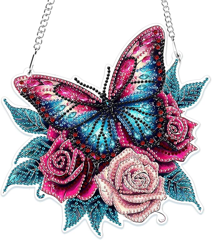 MOGTAA Butterfly Diamond Art Hanging Pendant Kits, 5D Special Shape Diamond Art Kits for Adults, Crystal Rhinestones Flowers Diamond Painting Gem Art for Home Garden Window Wall Decor