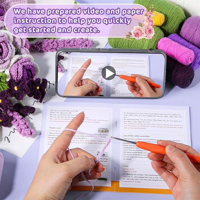 Iuuidu Crochet Kit for Beginners, Flower Bouquet Crochet Kit Rose, Crochet Starter Kit for Beginners with Step-by-Step Video Tutorials for Birthday Anniversary Day Present, Home Decor (Purple)