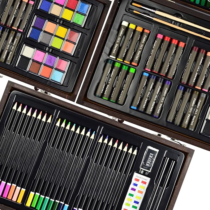 Sunnyglade 145 Piece Deluxe Art Set, Wooden Box & Drawing Kit with Crayons, Oil Pastels, Colored Pencils, Watercolor Cakes, Sketch Pencils, Paint Brush, Sharpener, Eraser, Color Chart (Cherry)