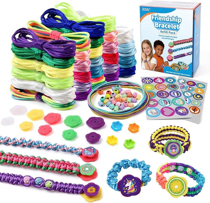 DDAI Friendship Bracelet Refill Pack for Kids 6+ – Bracelet Making Refill Supplies with Extra Cords, Charms & Stickers, DIY Arts and Craft Accessories