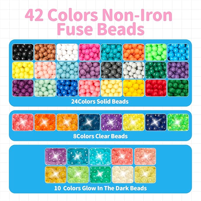 4200pcs Non Iron Fuse Beads Kit 5mm Beads in 42 Colors Glow in The Dark Transparent Complete Starter Craft Set