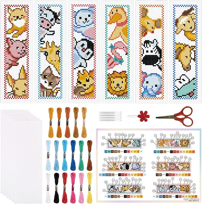 ORIGACH 6 Set Animals Cross Stitch Bookmark Kit for Beginner with Backing Felt Floss Instructions DIY Stamped Embroidery Bookmark Kit for Adults, Book Lovers