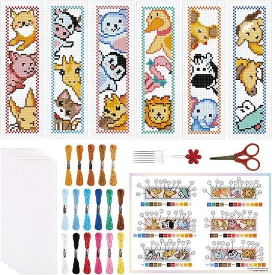 ORIGACH 6 Set Animals Cross Stitch Bookmark Kit for Beginner with Backing Felt Floss Instructions DIY Stamped Embroidery Bookmark Kit for Adults, Book Lovers
