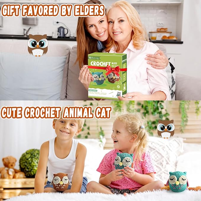 Faircosy 2PCS Beginner Crochet Kit: Amigurumi Crocheting Owls Kits, Starter Kit for Adults and Kids (10Age+) with Detailed Instructions and Tutorial, Suprise Gift for Lover, Family (Blue-Brown)