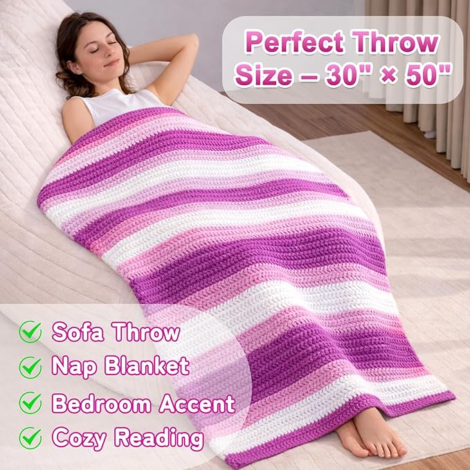 Reessy Crochet Blanket Kit for Beginners Adults – Gradient Purple Ombre Throw Blanket Kit with Soft Chenille Yarn, Hooks & Instructions – Handmade Crochet Starter Set for Adults
