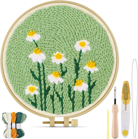 TINDTOP Punch Needle Kit, Daisy Punch Embroidery Kits for Adults Beginner, Tool with Punch Needle Fabric, Hoops, Yarns and Sewing Needles