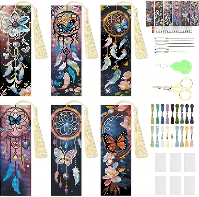 NEGEKFKX 6 Pcs Dreamcatcher Cross Stitch Bookmark Kit for Adult Beginners,Flowers Cross Stitch Kits 14 CT DIY Crossstitch Kits Adult Stamped Bookmark Embroidery Bookmarks Kit