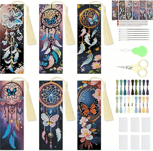 NEGEKFKX 6 Pcs Dreamcatcher Cross Stitch Bookmark Kit for Adult Beginners,Flowers Cross Stitch Kits 14 CT DIY Crossstitch Kits Adult Stamped Bookmark Embroidery Bookmarks Kit