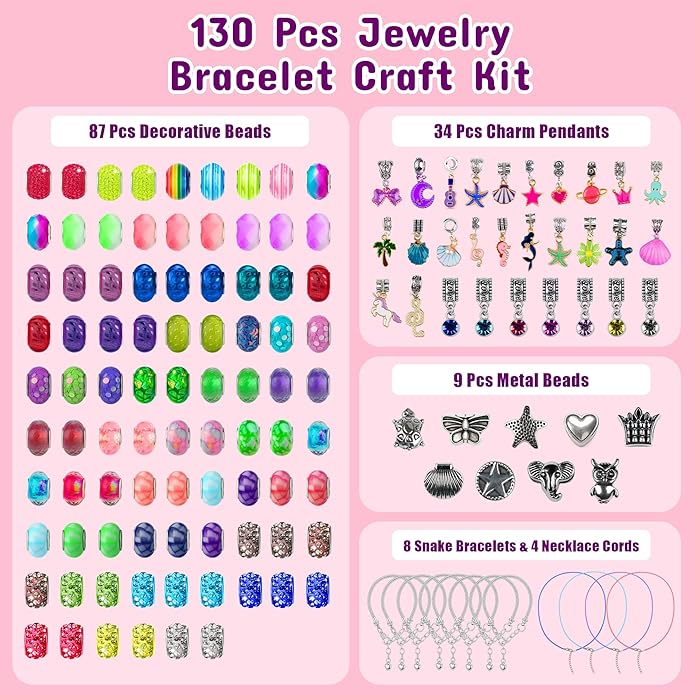 Beads Jewelry Making Kit – Charm Bracelet & Necklace DIY Set with Pearl, Shell & Pony Beads, Creative Arts and Crafts Gift for Birthday