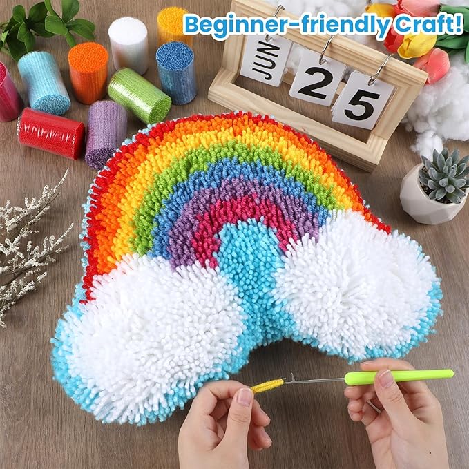Justforjoyful Rainbow Latch Hook Kit Rainbow Pillow DIY Craft Kit for Making Your Own DIY Pillow Valentine's Day Craft Kit for Pattern Paint Cross Sewing Sofa Cushion Plush Gift
